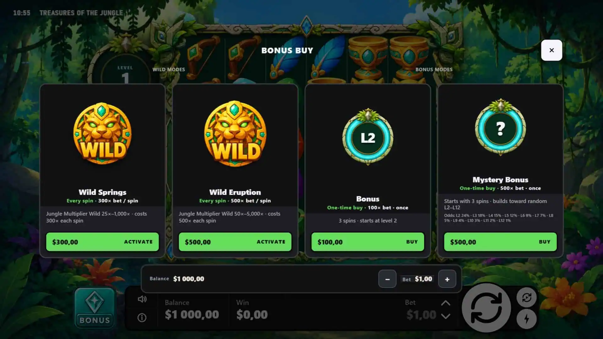 Treasures of the Jungle bonus buy menu