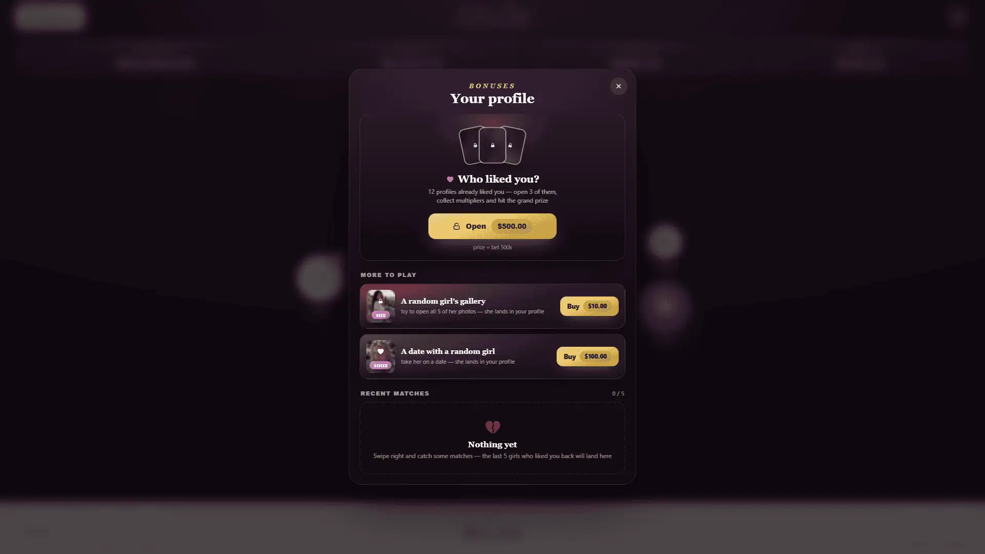 Swipe to Love bonus buy menu