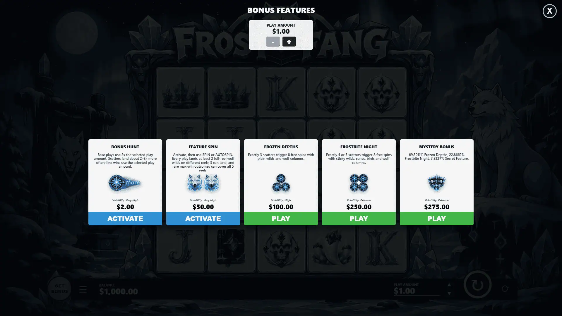 Frost Fang bonus buy menu