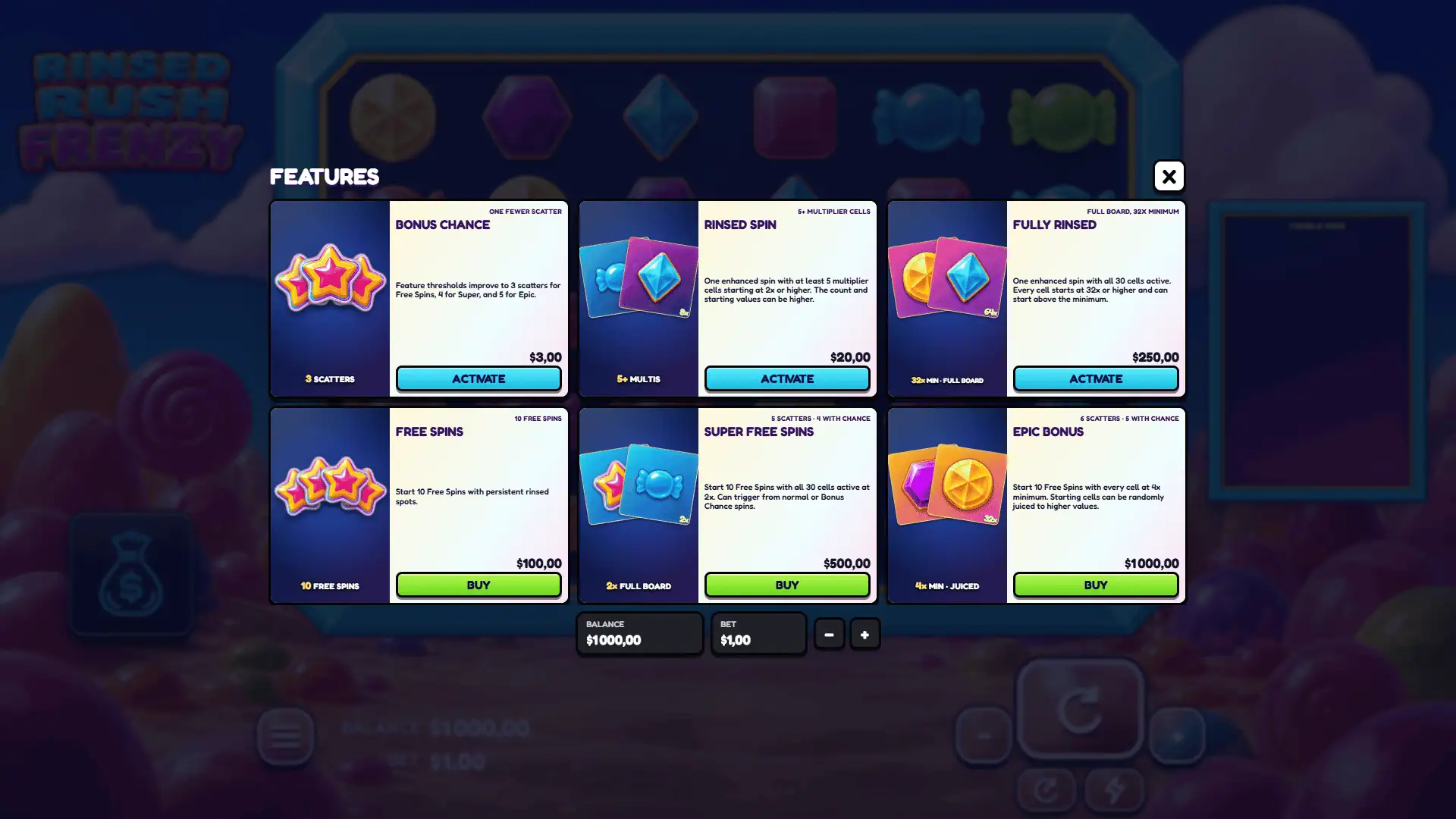 Rinsed Rush Frenzy bonus buy menu