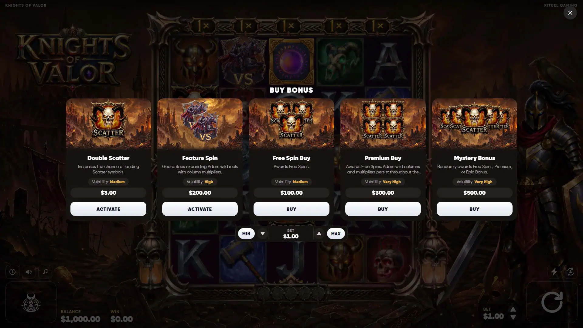 Knights of Valor bonus buy menu