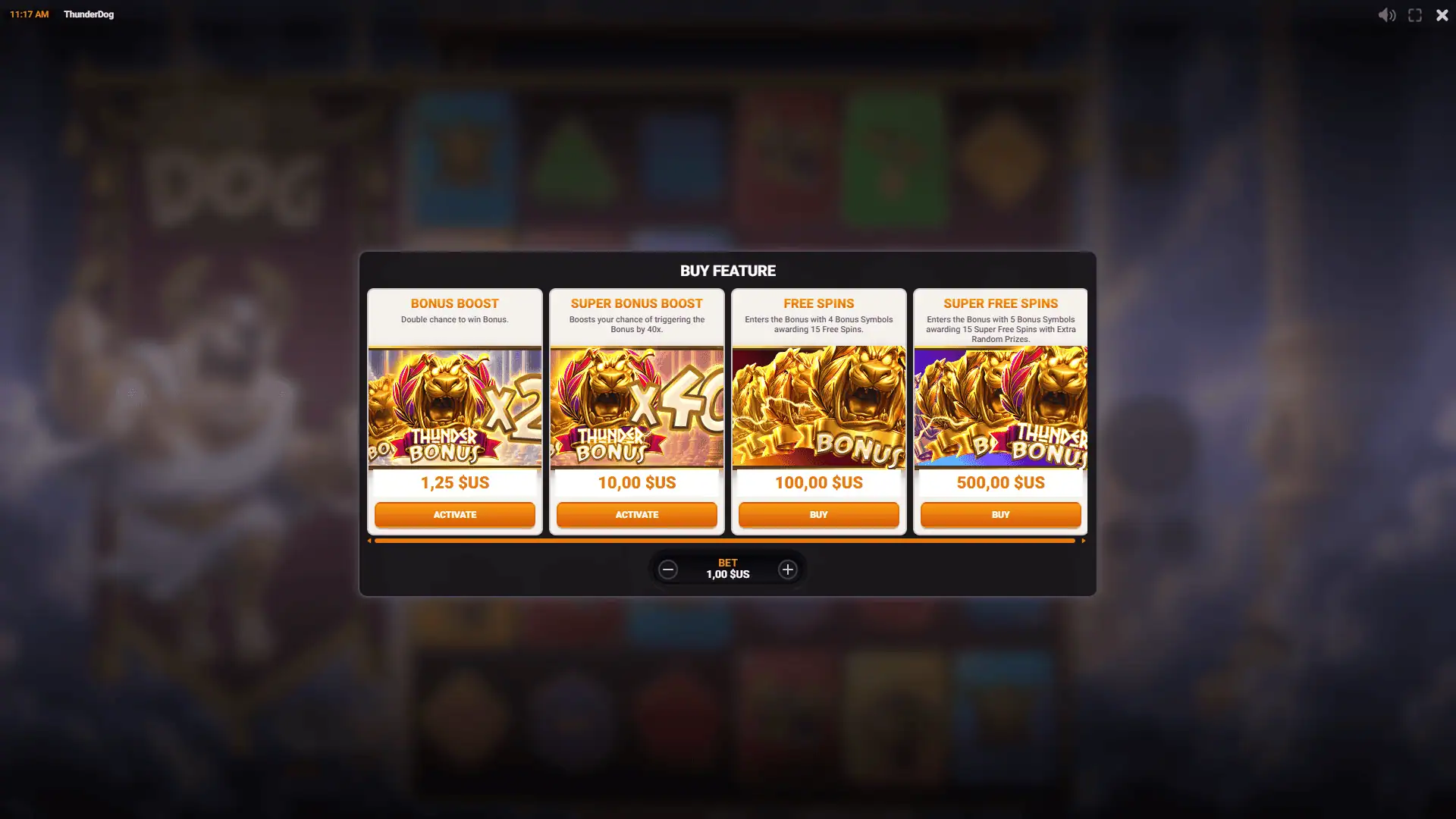 Thunder Dog bonus buy menu