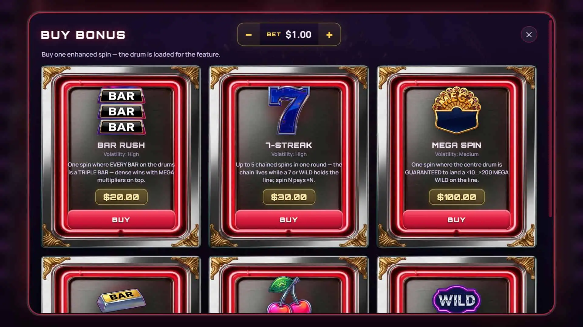 Chrome Sevens bonus buy menu