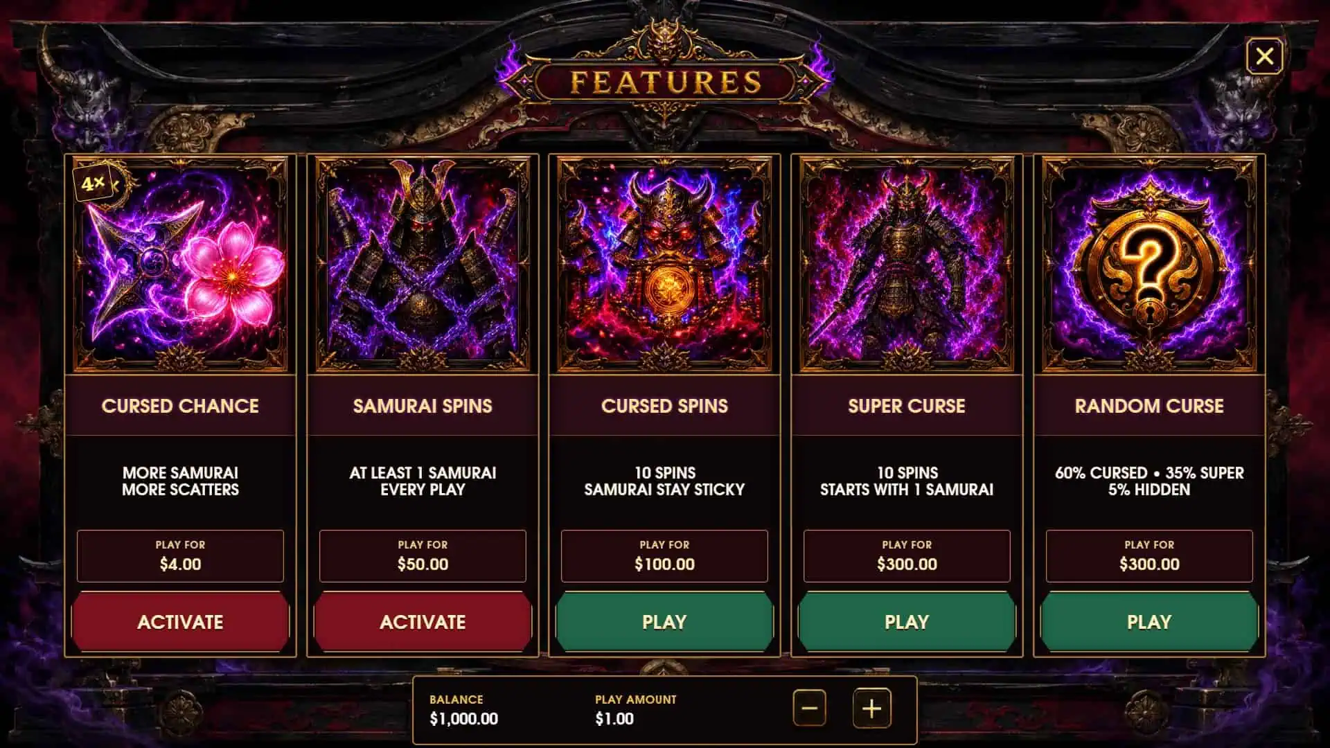 Cursed Samurai bonus buy menu