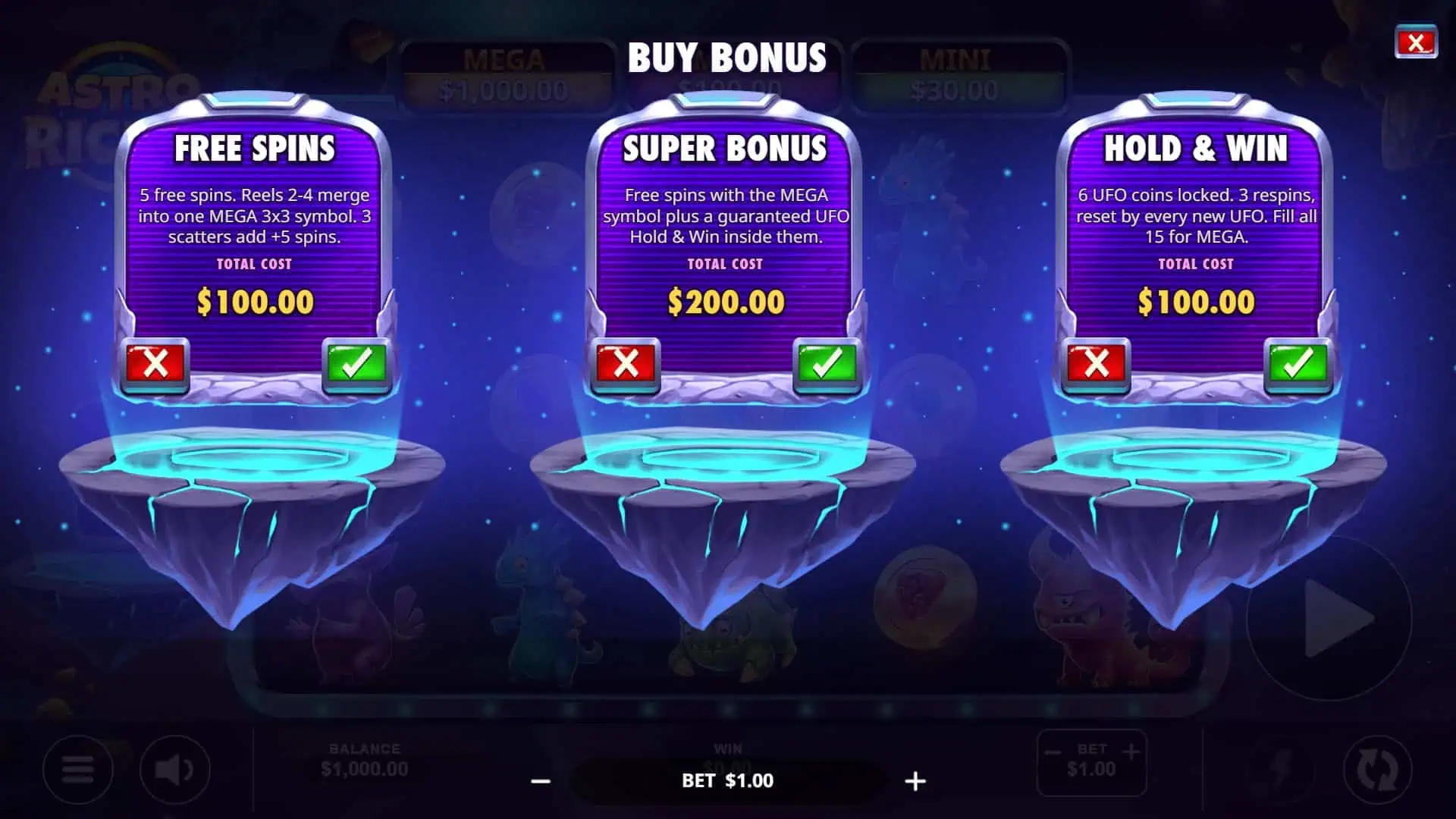 Astro Riches bonus buy menu
