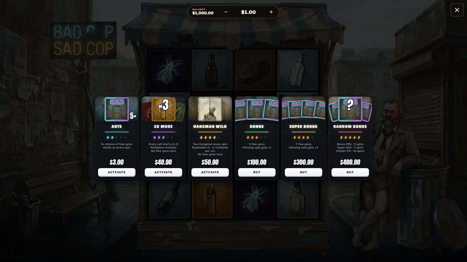 Bad Cop Sad Cop bonus buy menu