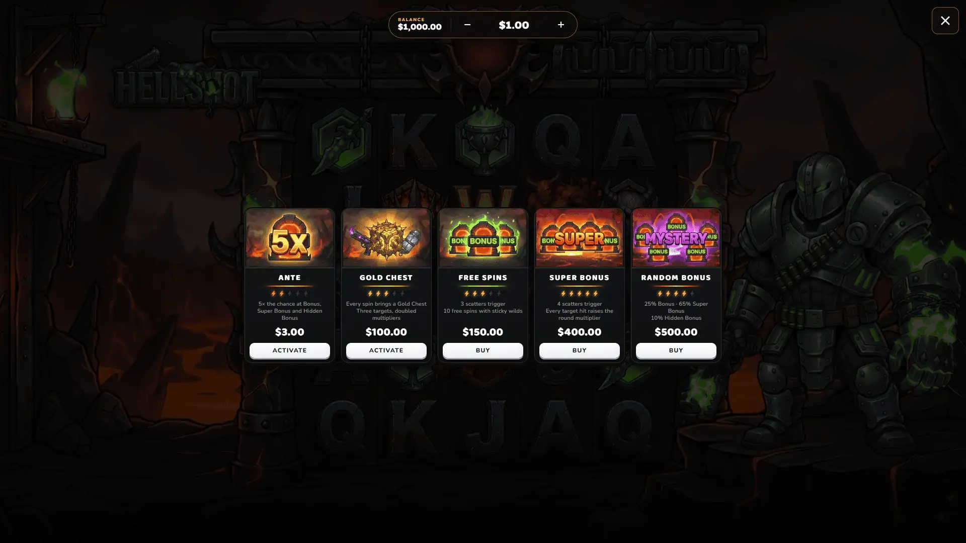 Hellshot bonus buy menu