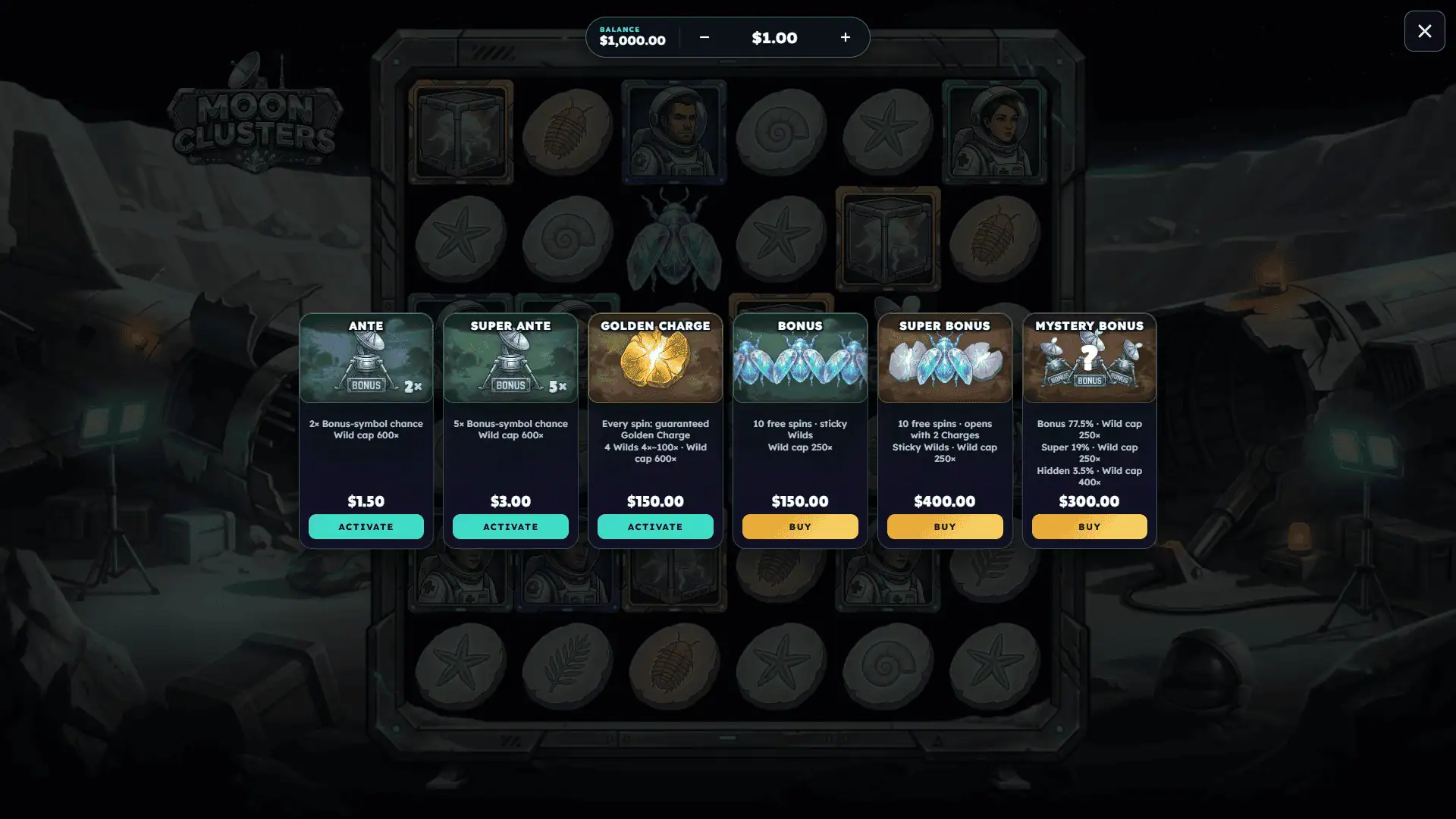 Moon Clusters bonus buy menu