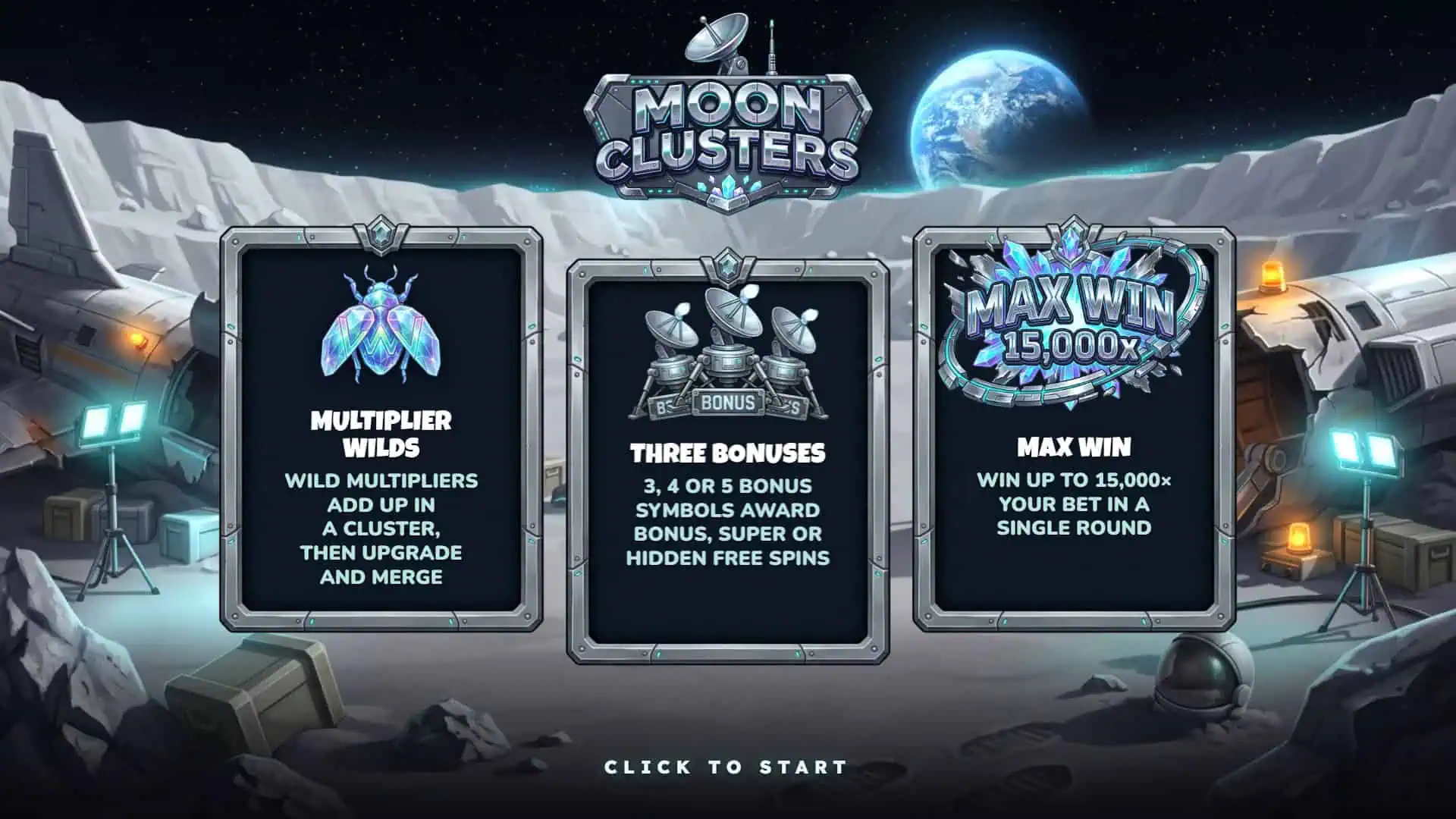 Moon Clusters slot intro screen