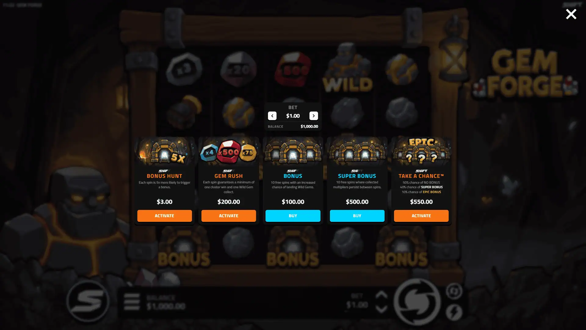 Gem Forge bonus buy menu