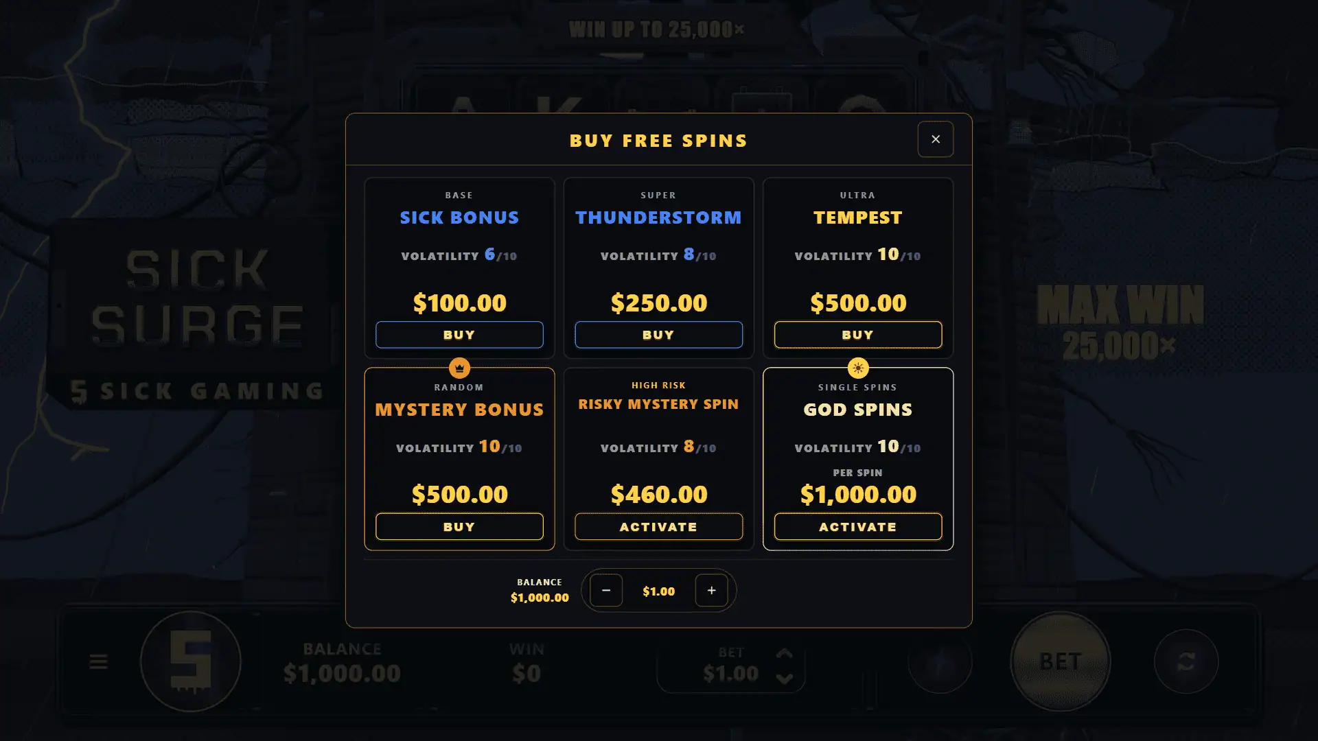 Sick Surge bonus buy menu