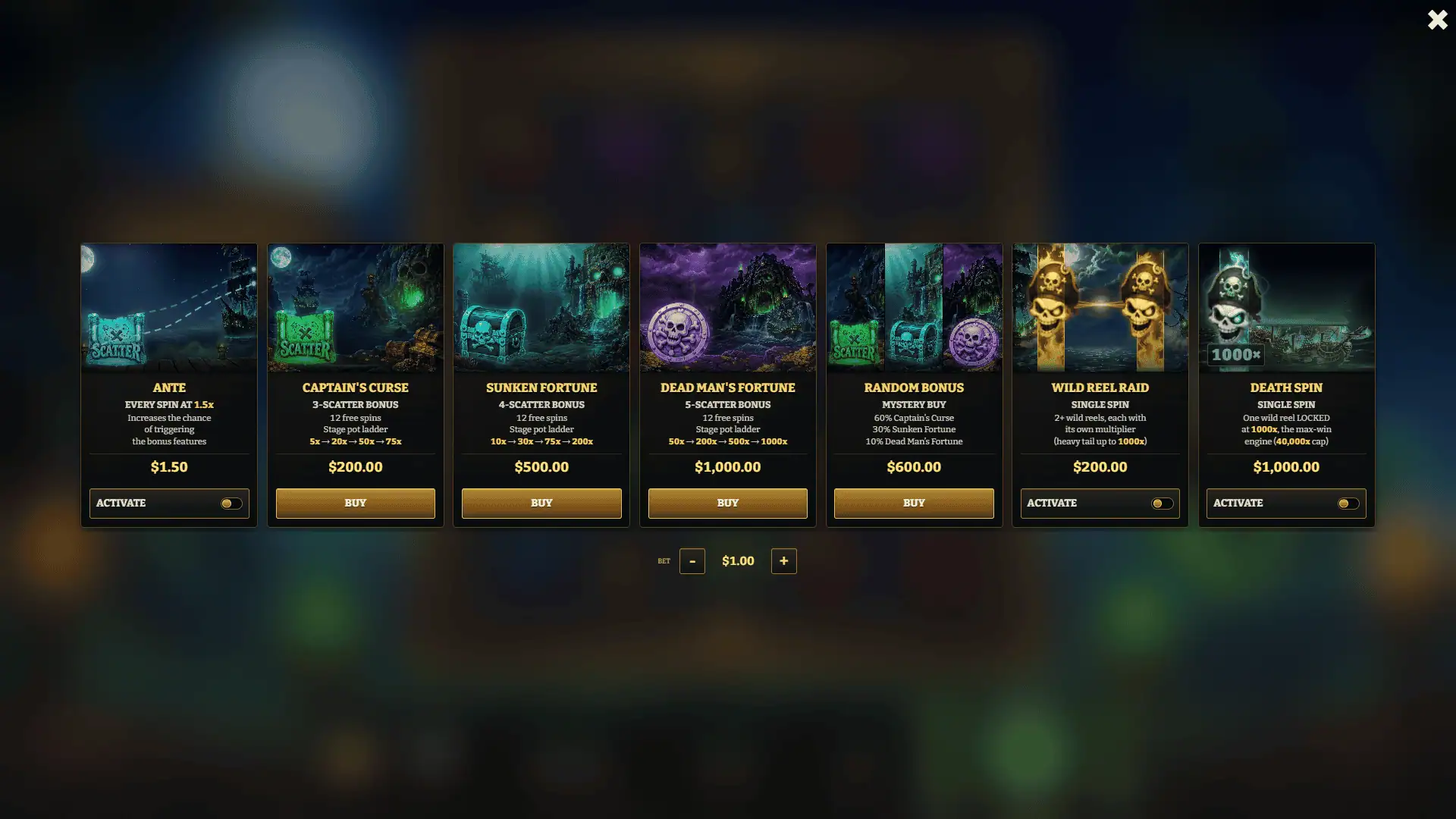 Dead Man's Reels bonus buy menu