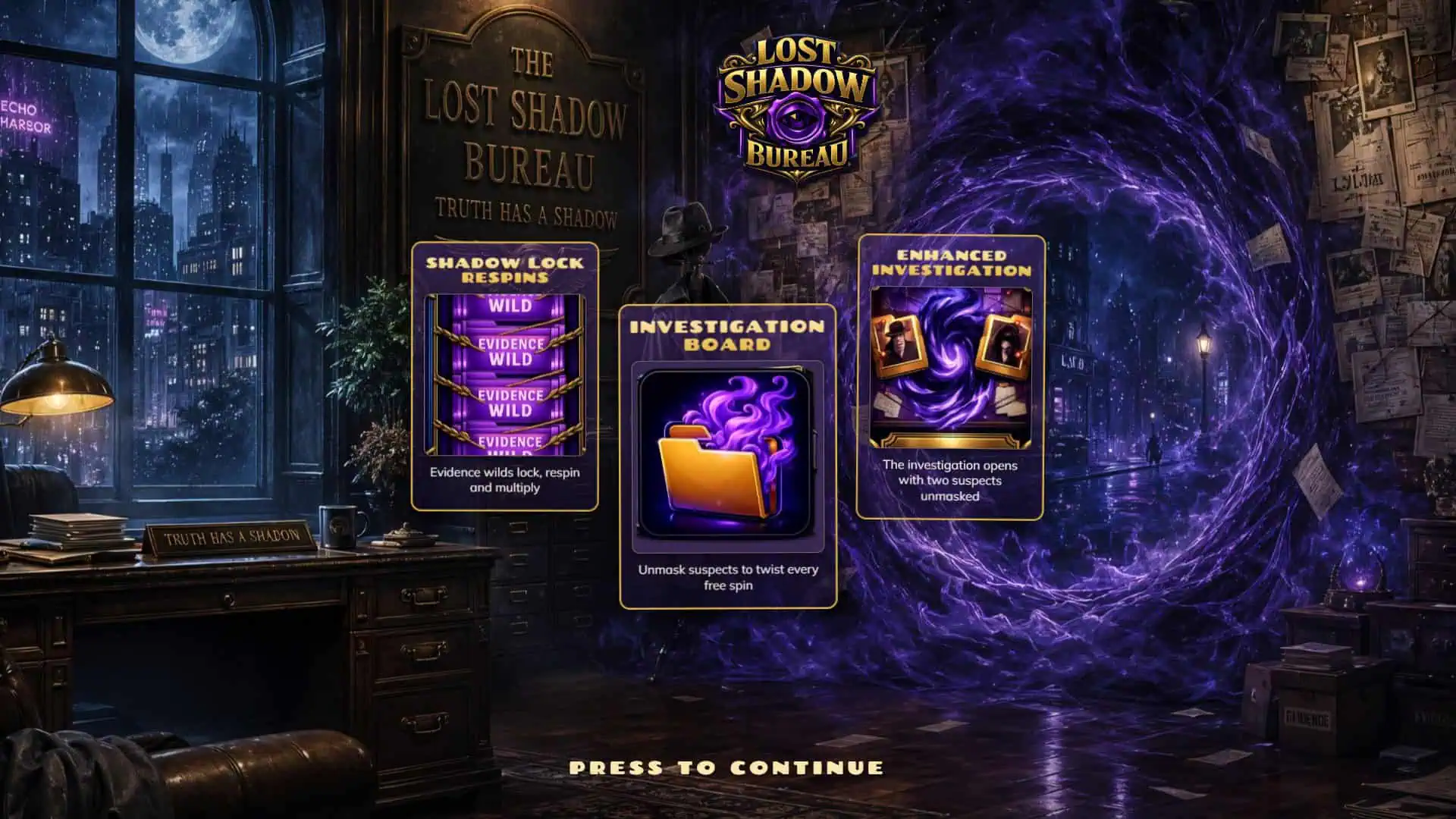 Lost Shadow Bureau slot intro screen