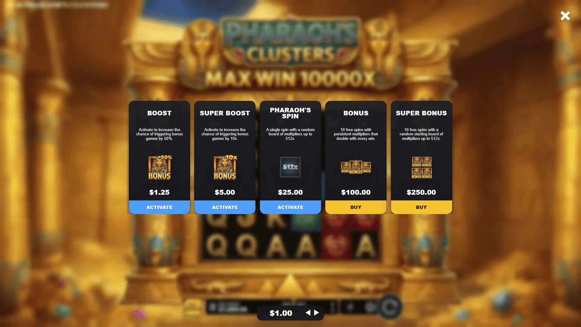 Pharaohs Clusters bonus buy menu