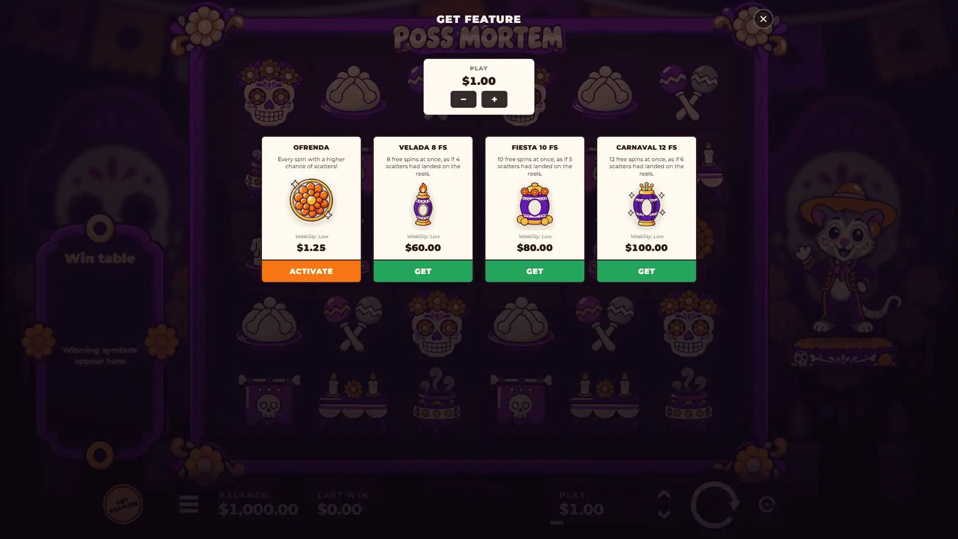 Poss Mortem bonus buy menu