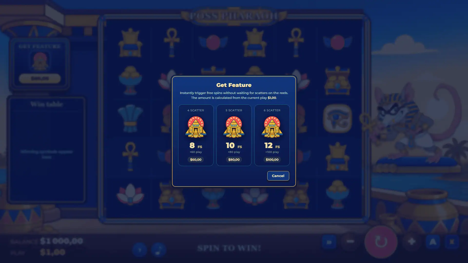 Poss Pharaoh bonus buy menu
