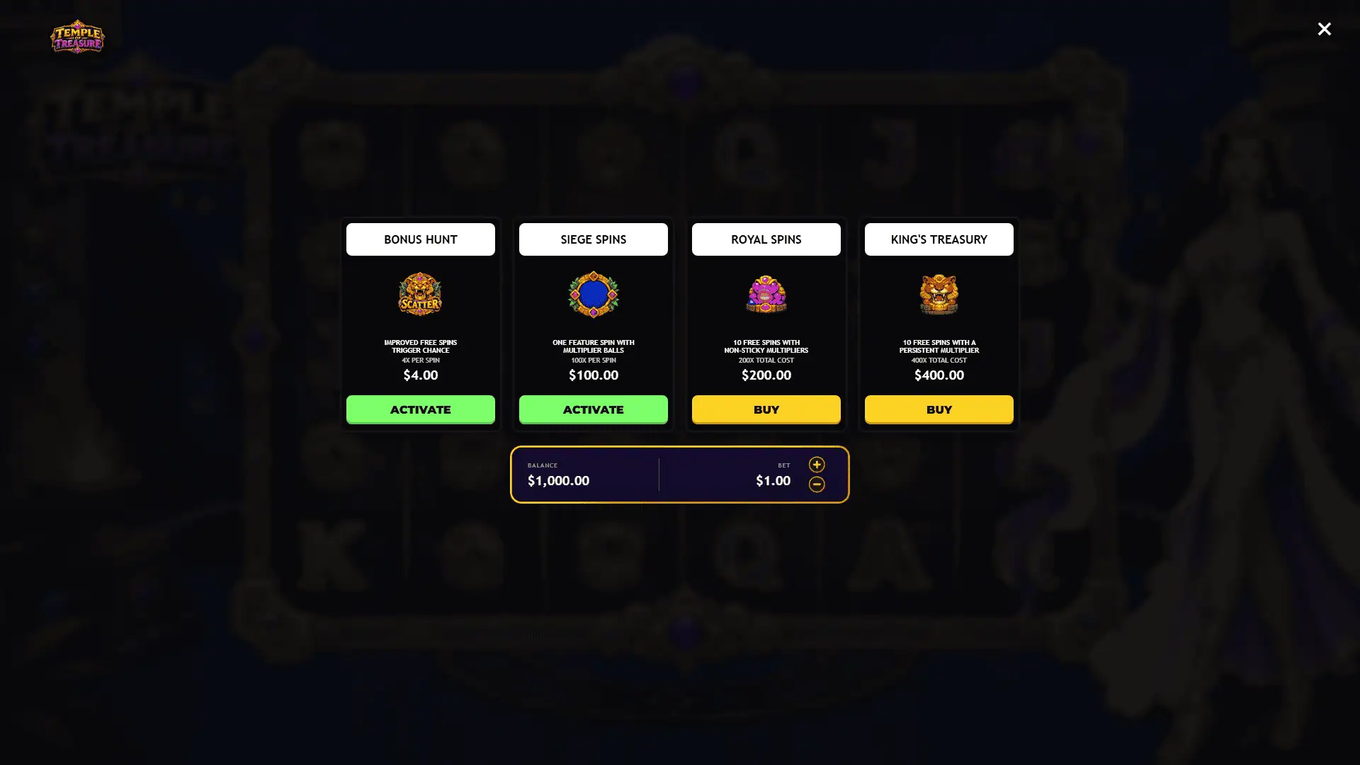 Temple of Treasure bonus buy menu