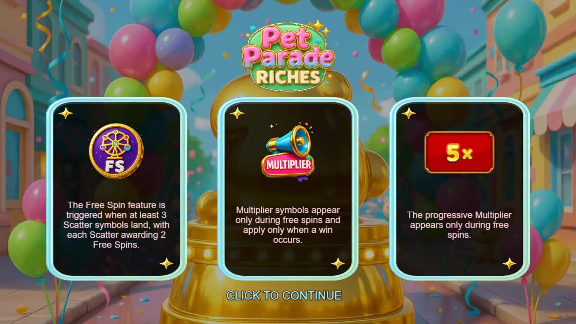 Pets Parade Riches slot intro screen