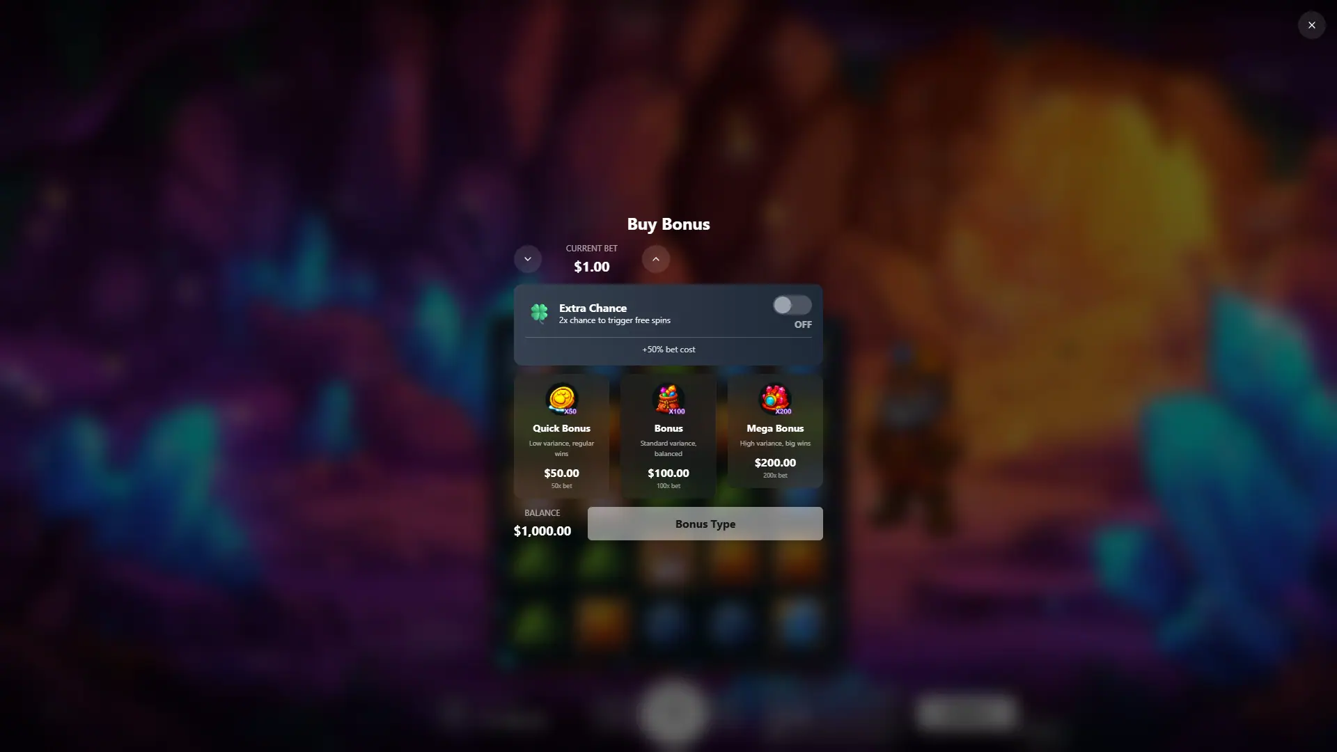 Crystal Miner bonus buy menu