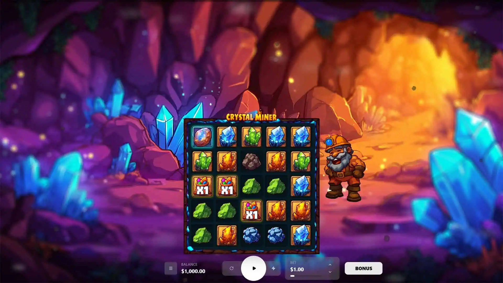Crystal Miner slot gameplay reels