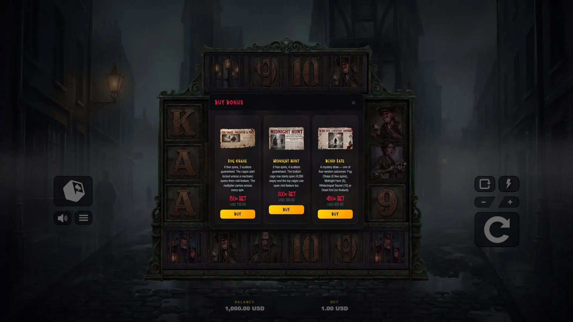 Dark Alley bonus buy menu