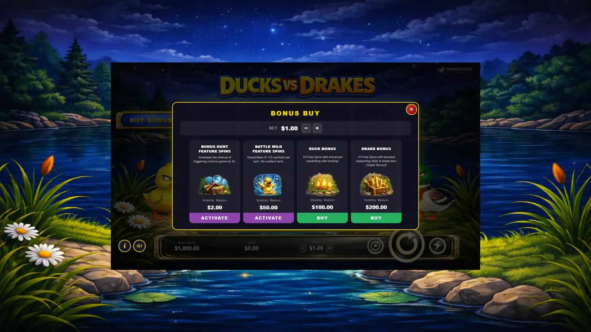 Ducks vs Drakes bonus buy menu