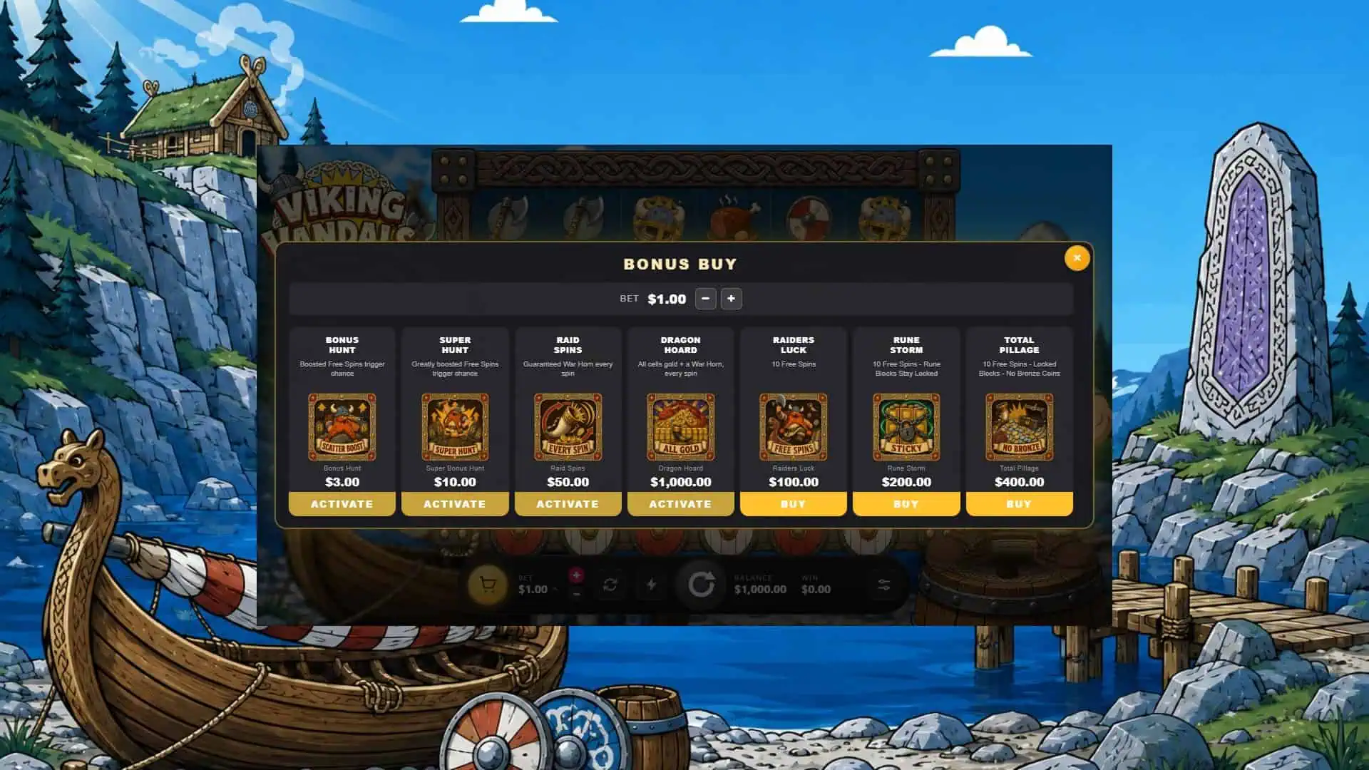 Viking Vandals Cluster Pays bonus buy menu