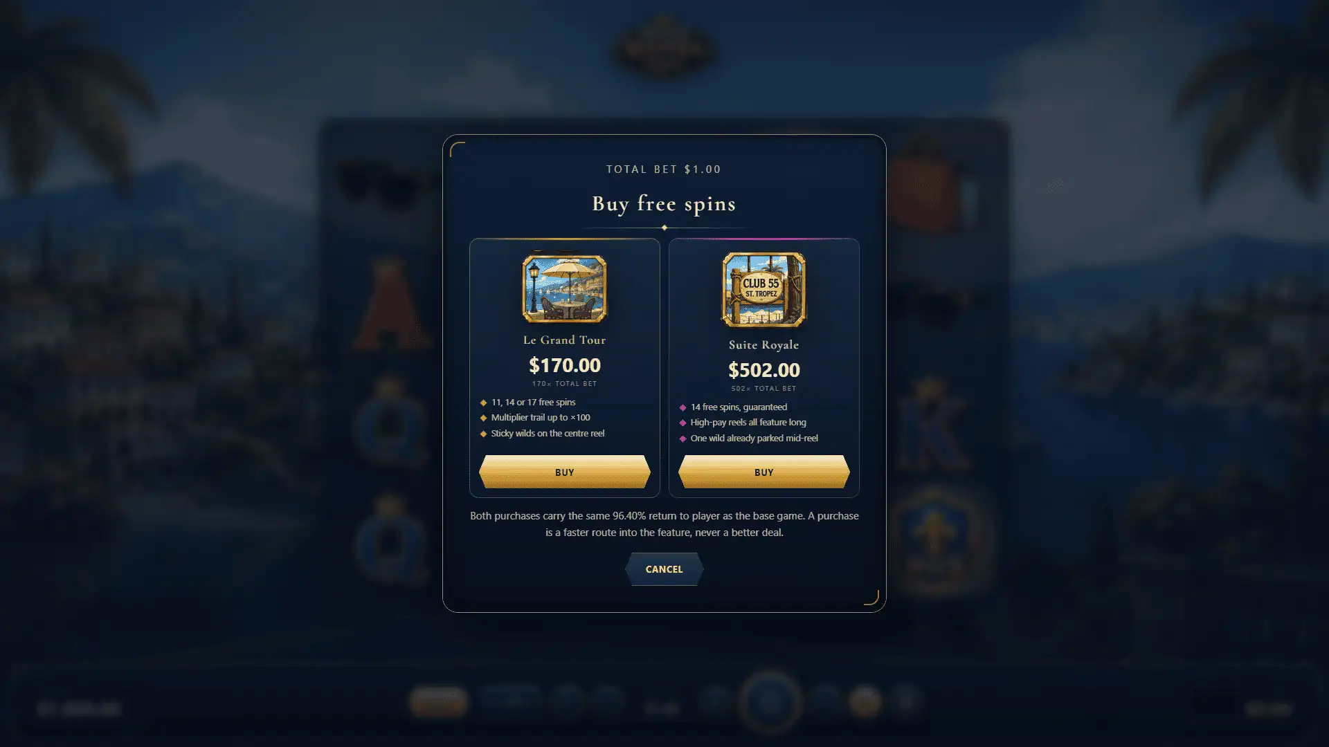 French Riviera Royale bonus buy menu