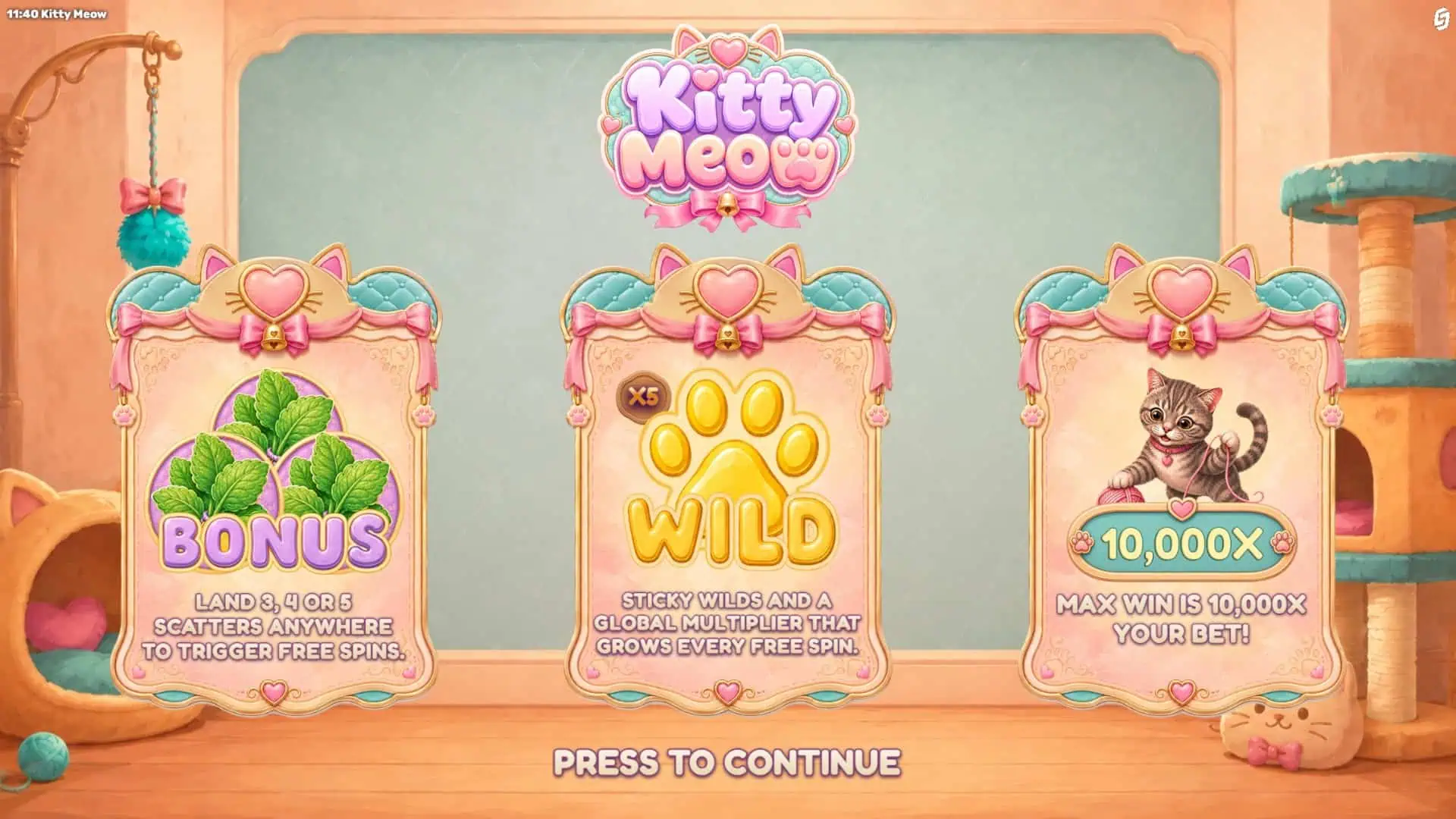 Kitty Meow slot intro screen