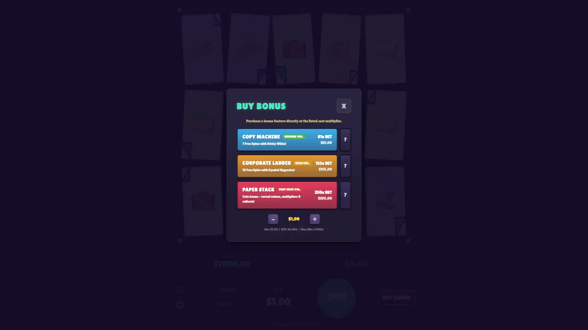 Corporate Chaos bonus buy menu