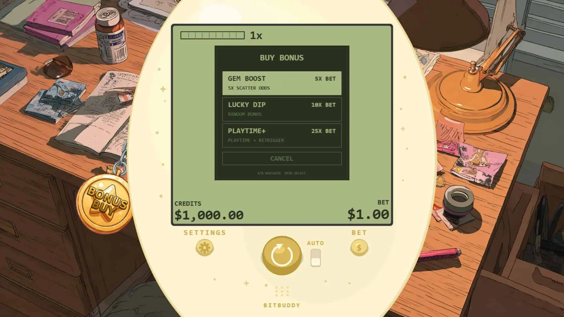 Slot-o-Gatchi: BITBUDDY bonus buy menu