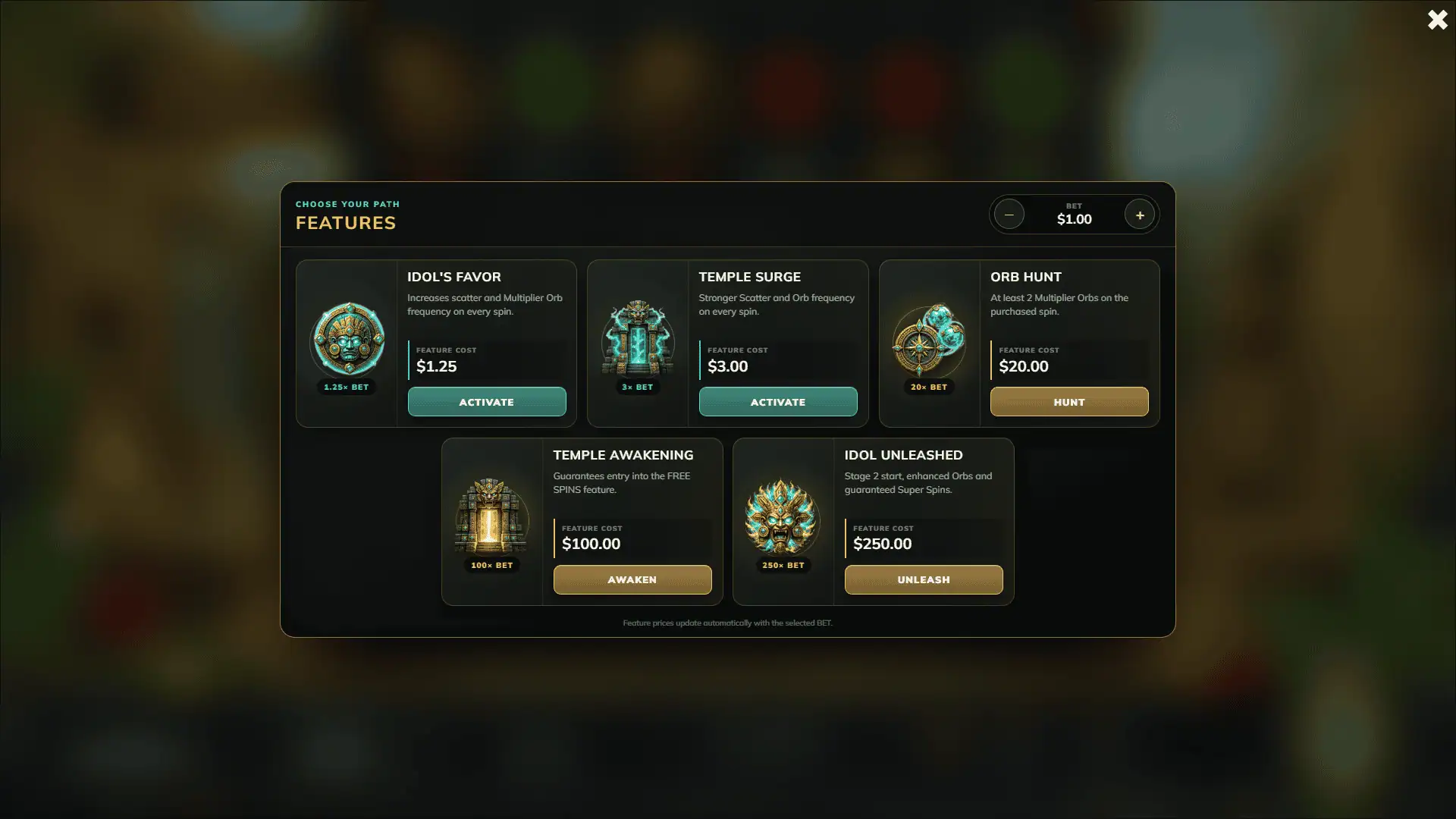 Lost City: Idol of Gold bonus buy menu