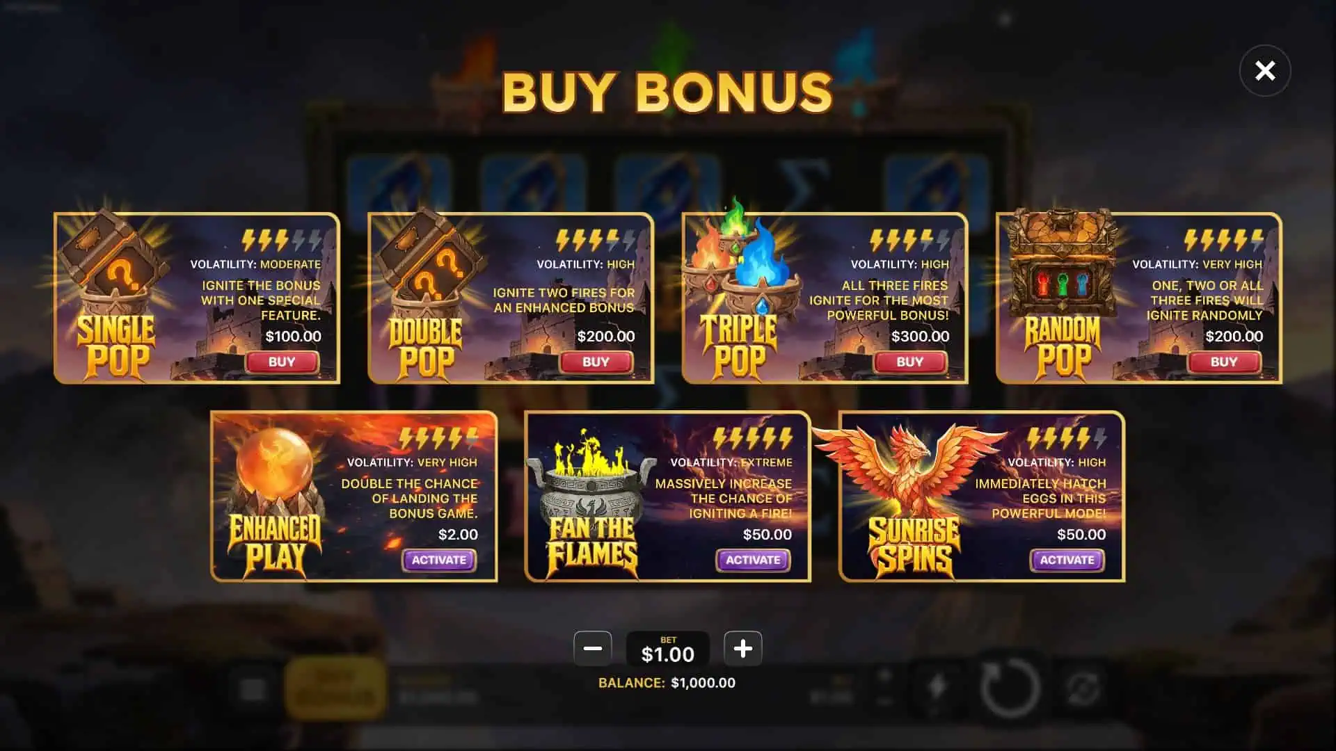 Sol Phoenix bonus buy menu