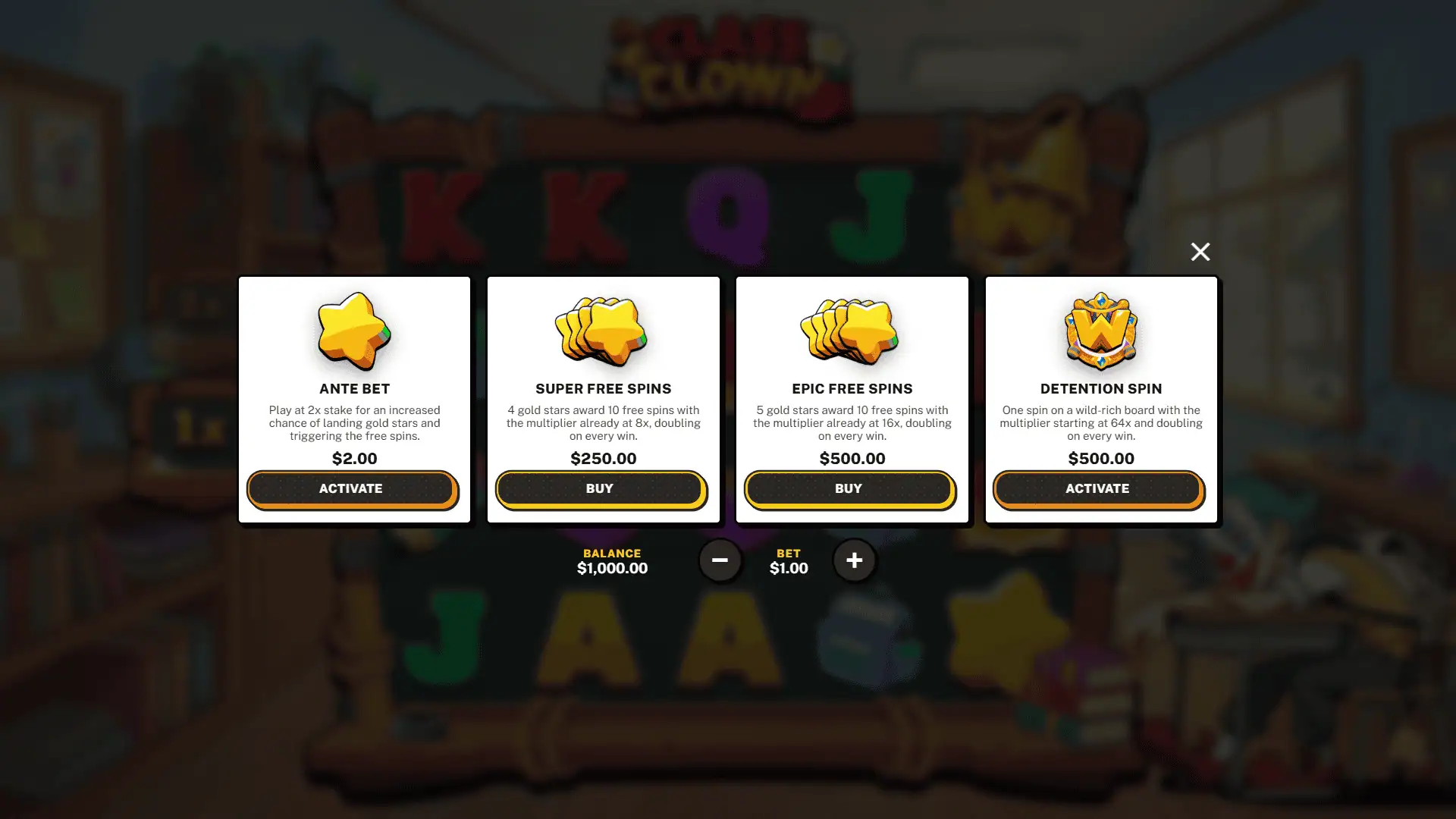 Class Clown bonus buy menu