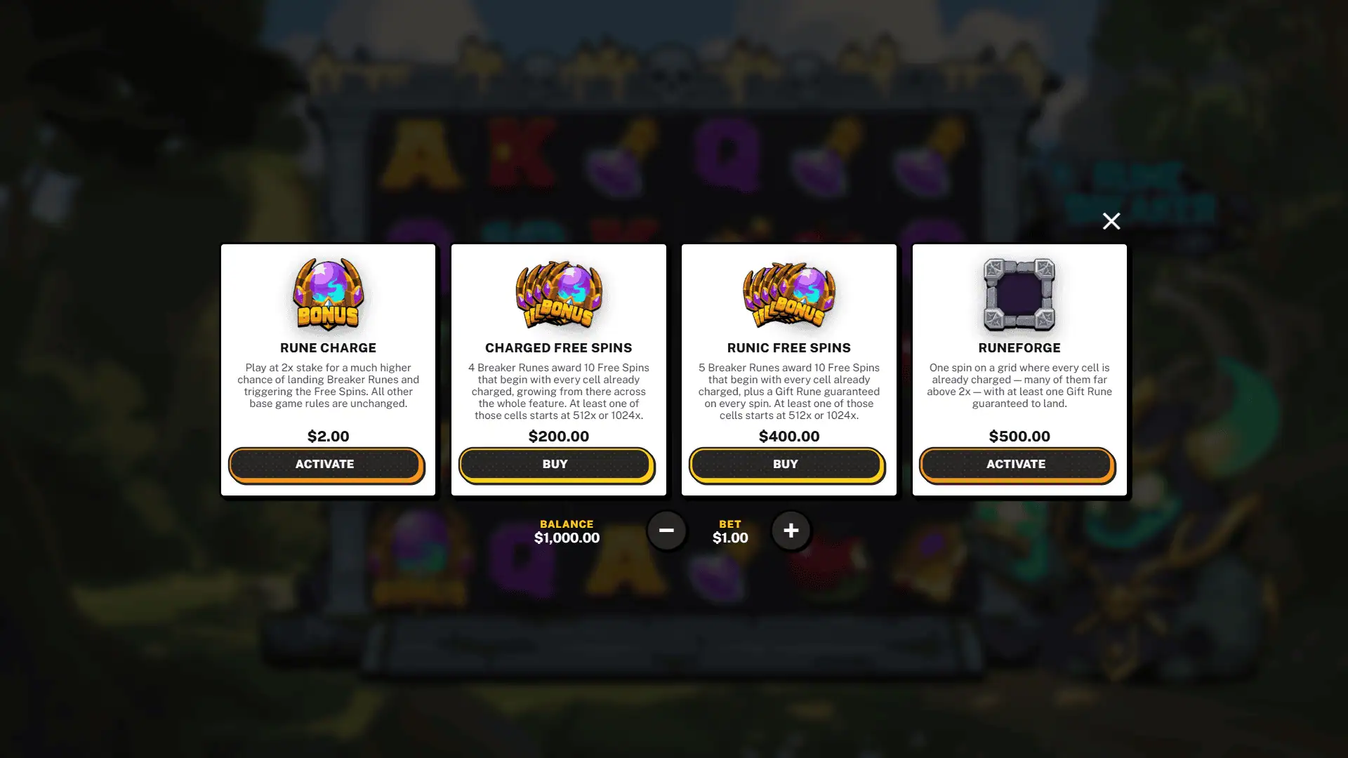 Runebreaker bonus buy menu