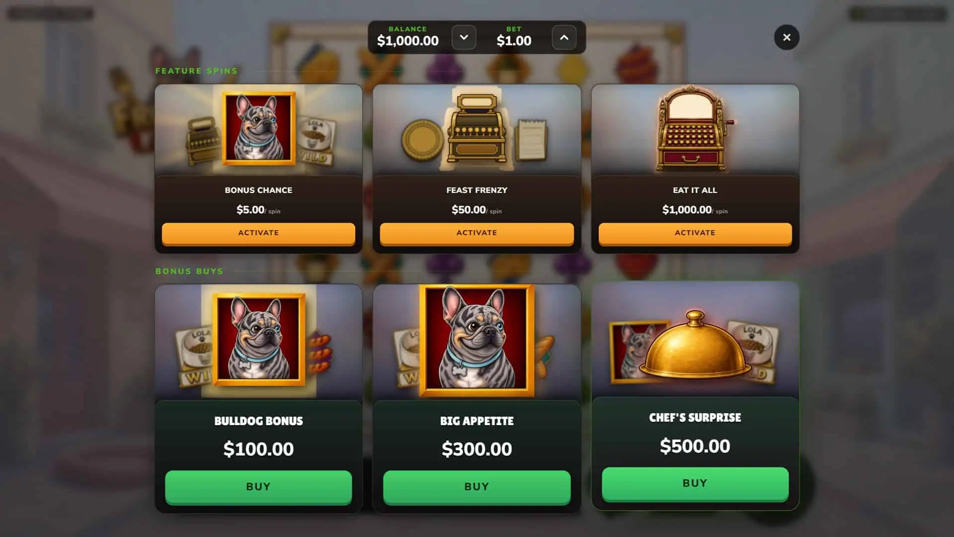 Frenchie Feast bonus buy menu