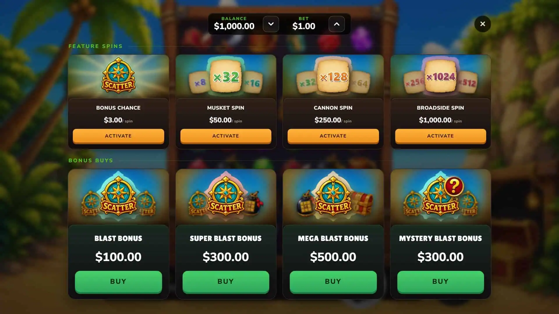 Pirate Blast 1K bonus buy menu