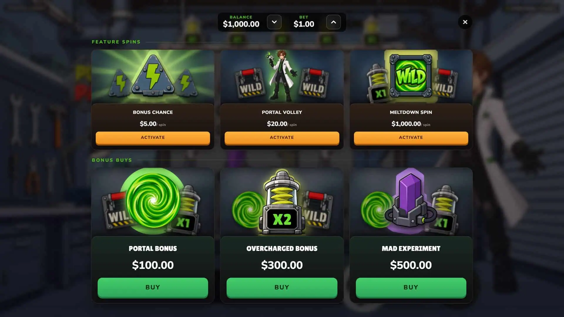 Portal Panic bonus buy menu