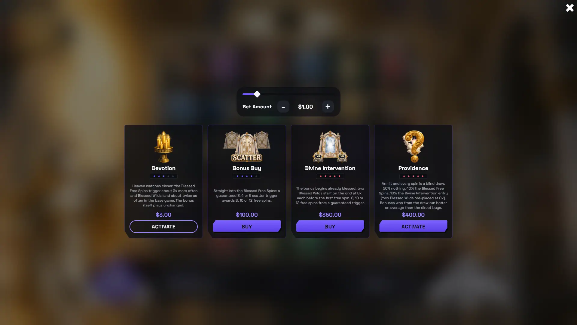 Divine Touch bonus buy menu