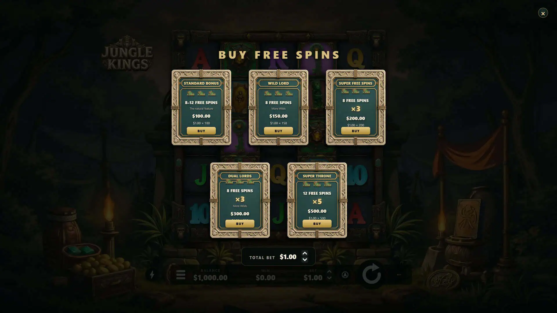 Jungle Kings bonus buy menu