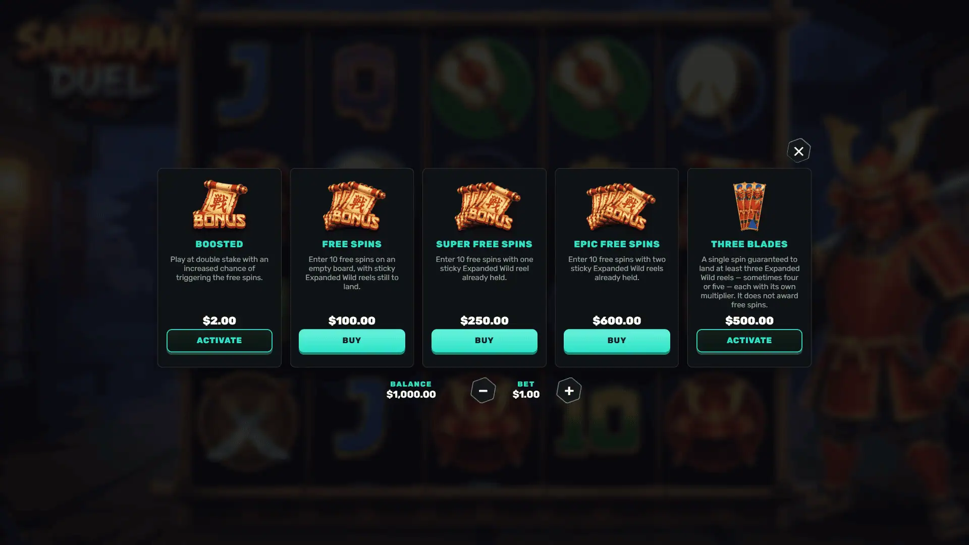 Samurai Duel bonus buy menu