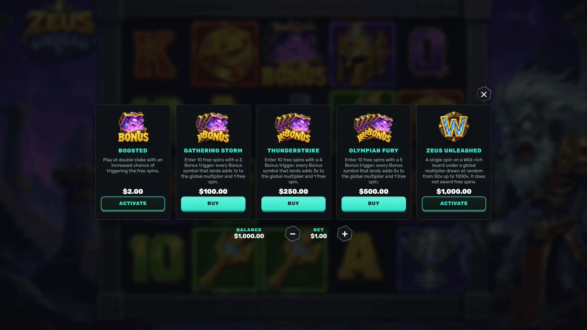 Zeus Undead bonus buy menu