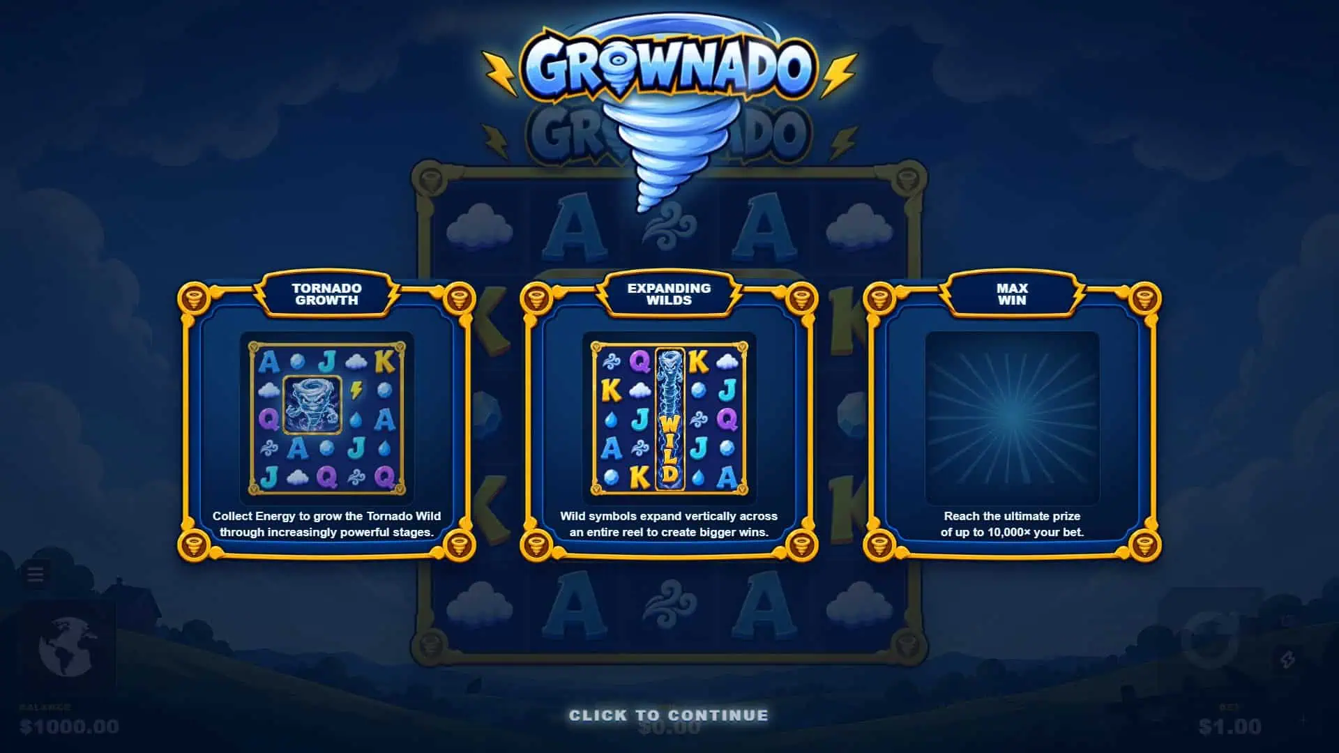 Grownado slot intro screen