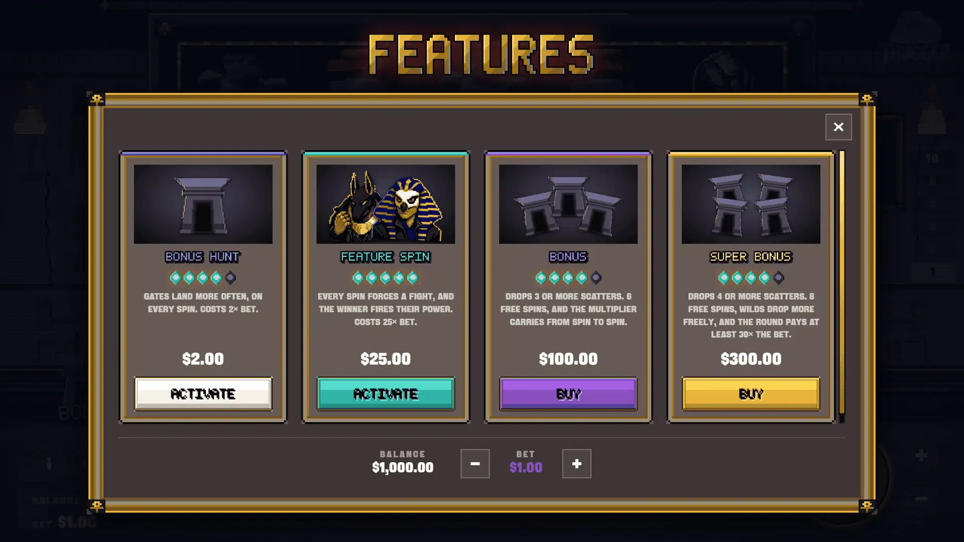 Backstreets: Egypt bonus buy menu