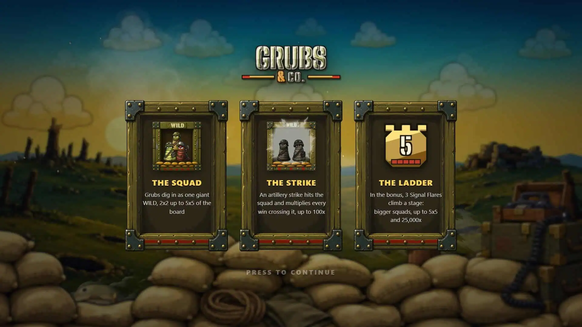 Grubs & Co. slot intro screen