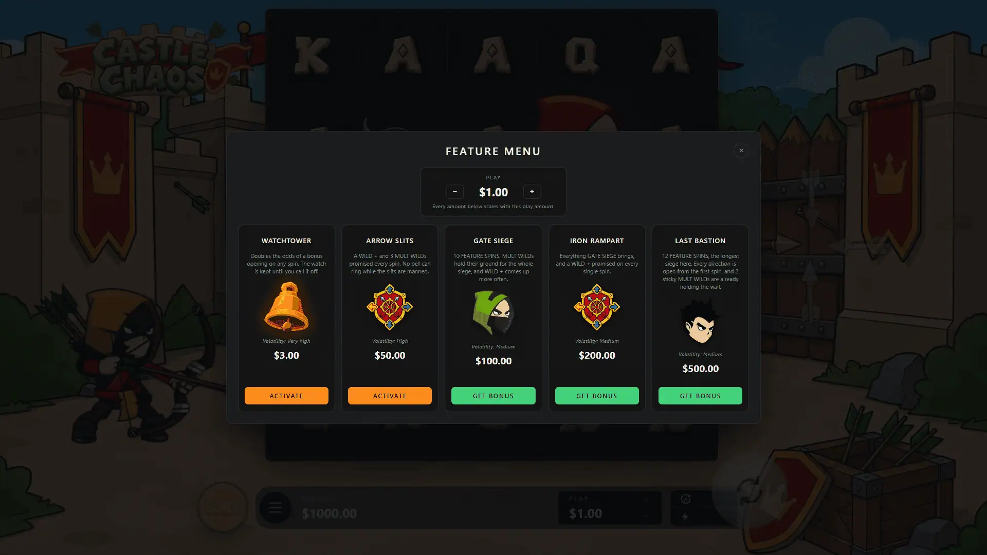 Castle Chaos bonus buy menu