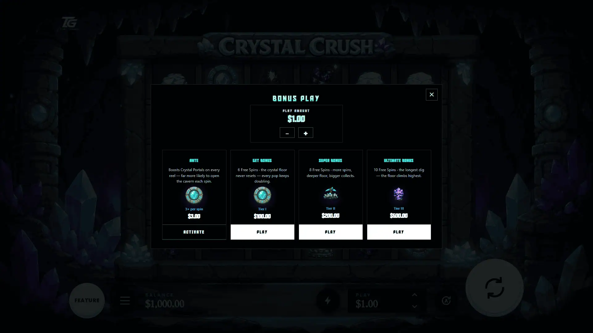 Crystal Crush bonus buy menu