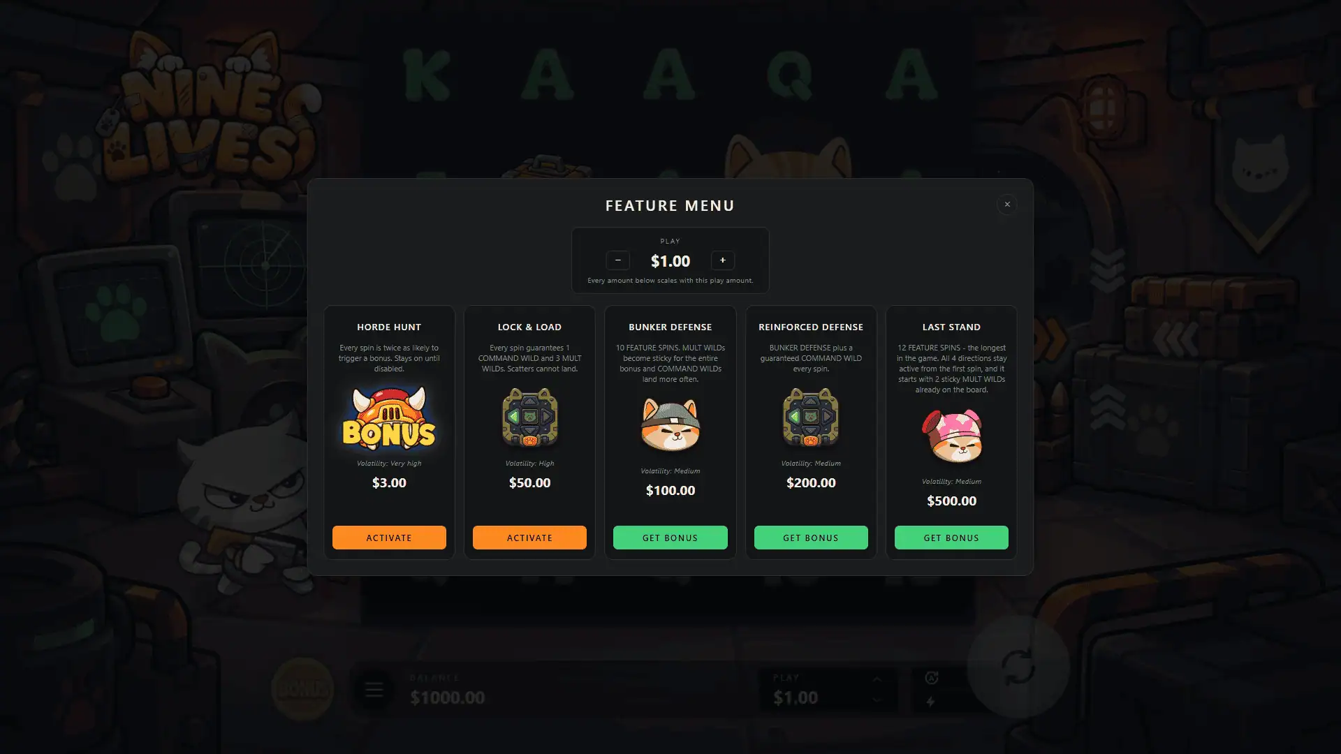 Nine Lives bonus buy menu