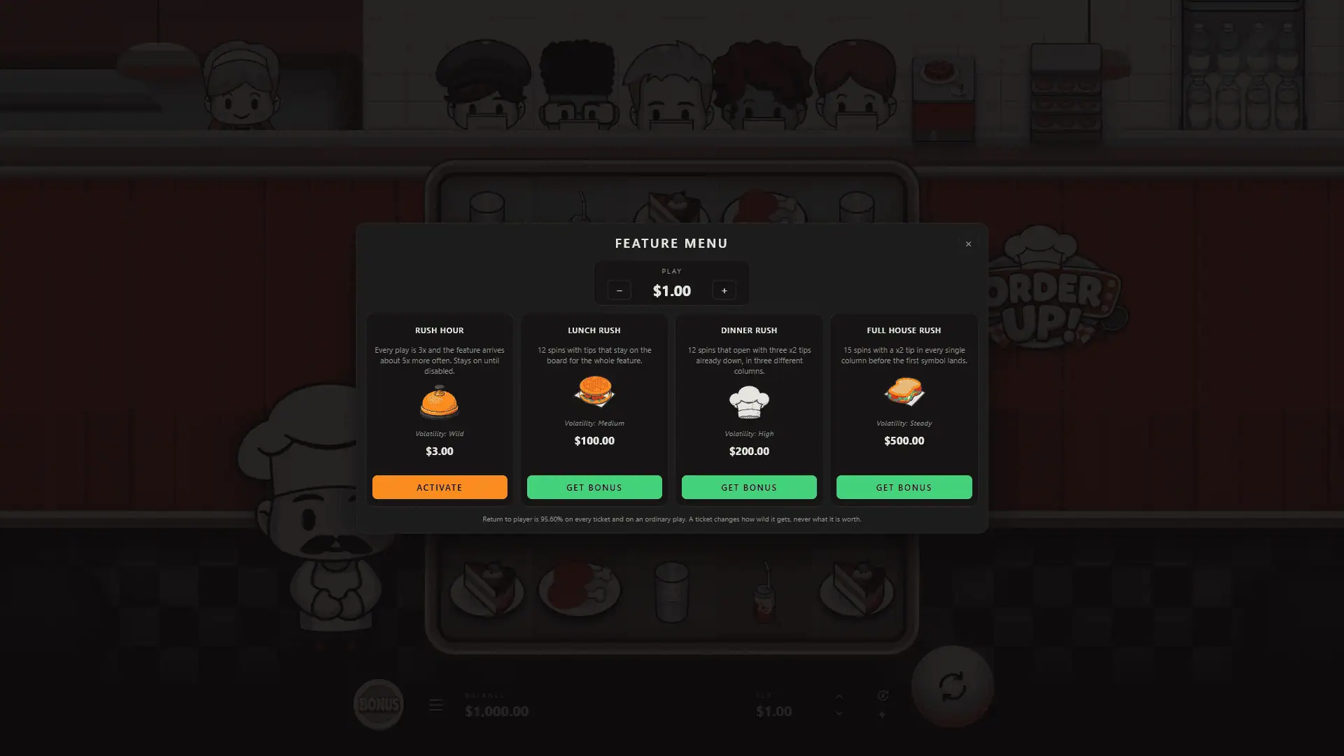Order Up Cluster Pays bonus buy menu