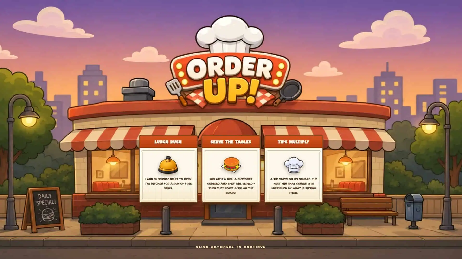 Order Up Cluster Pays slot intro screen
